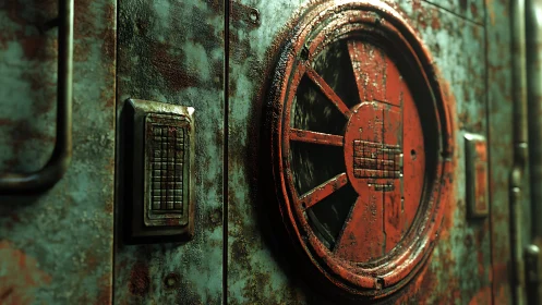 Corroded industrial hatch with circular vent and control panel