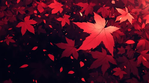 Crimson maple leaves drift like quiet sparks over dusk