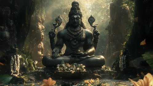 Serene Shiva statue meditates in a misty jungle sanctuary