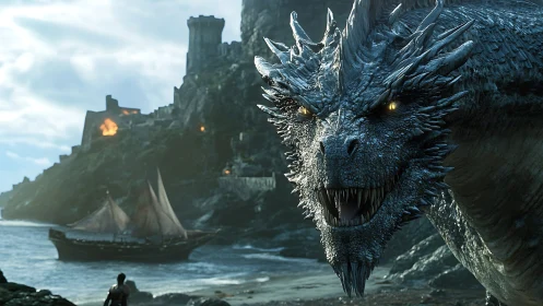 Armored dragon snarls on stormy shore before burning fortress