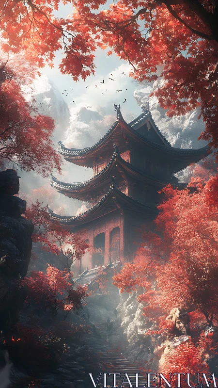 Autumn temple hidden in crimson mountain forest mist.