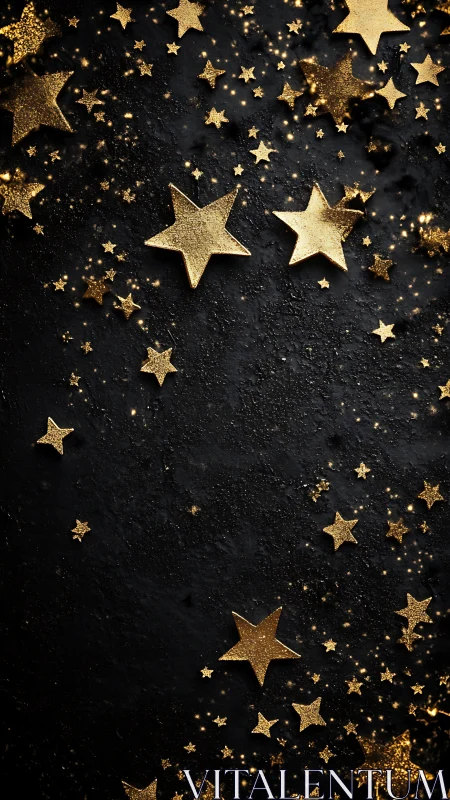 Gold glitter stars scattered on textured black background.