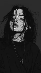 Monochrome female portrait with dynamic ink linework.