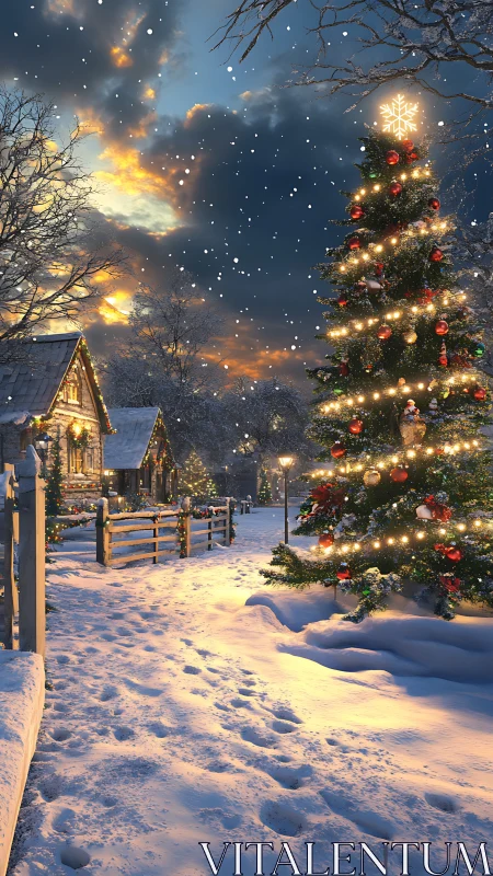Snow-covered village path with illuminated Christmas tree.