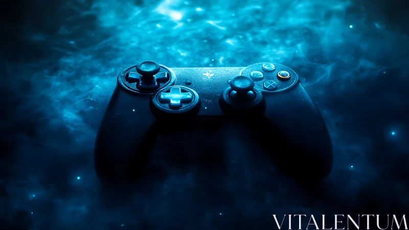 High-contrast gaming controller with luminescent cyan accents against dynamic digital ambient lighti