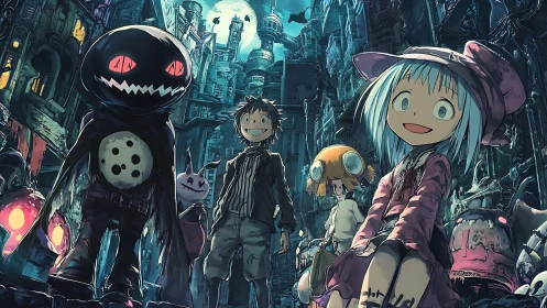 Quirky friends explore a moonlit neon city of wonders.