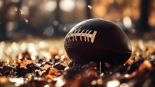 Football rests on autumn leaves under shallow depth of field