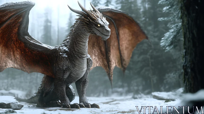 High-detail winged dragon rendered in snowy forest environment