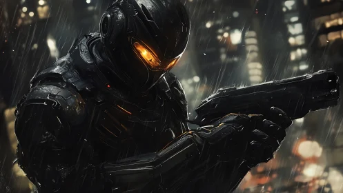 Armored synth-soldier with plasma sidearm in nocturnal downpour.