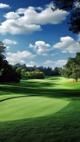 Sunlit golf fairway under drifting cumulus clouds.