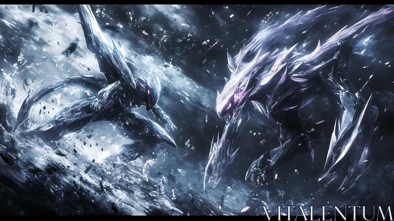 Crystal mechs clash amid storming shards and energy surges.