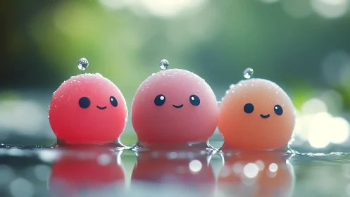 Smiling pastel blobs float together in gentle morning light.