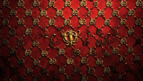 Golden lock and chain lattice on glowing red fabric wall.