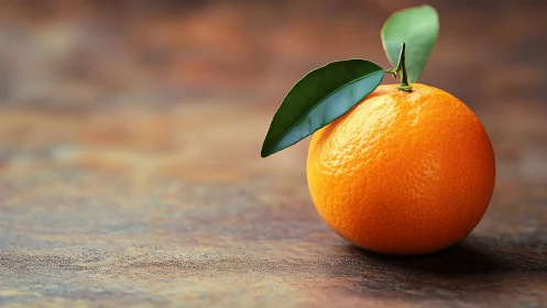 Ripe tangerine rests on textured surface under soft light.