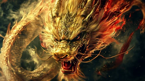 Flaming golden dragon head lunges through swirling smoke.