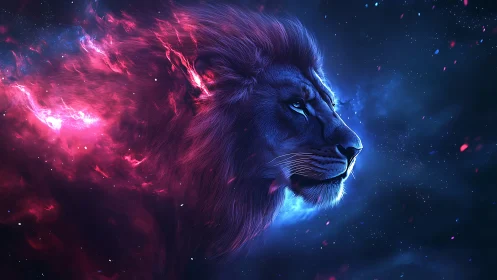 Starlit cosmic lion drifting through glowing nebulae.