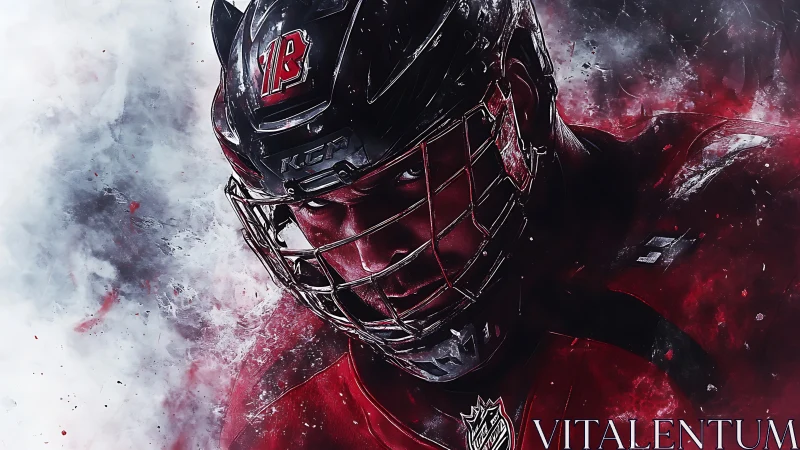 Ice hockey player portrait in red uniform and helmet.