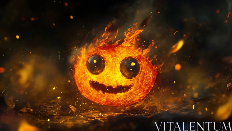 Fire sphere with smiling face and glowing eyes in flames