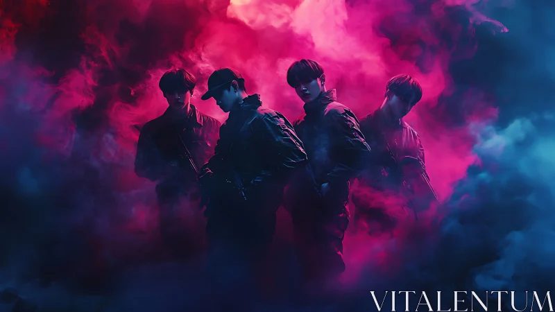 Four silhouettes in colored fog under dramatic lighting.