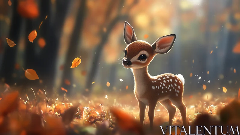 Autumn light illuminates stylized fawn in shallow forest bokeh