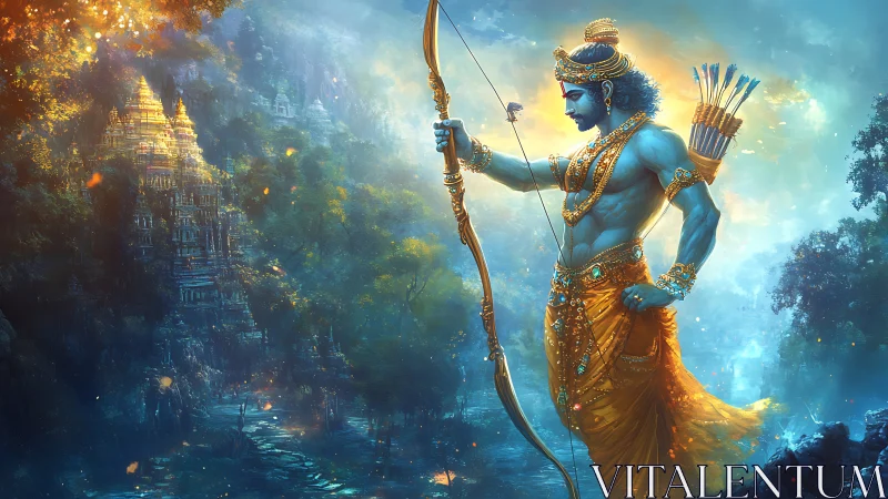 Divine archer deity in luminous forest temple panorama.