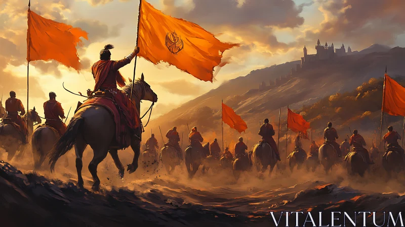 Mounted warriors with orange banners advance toward distant castle