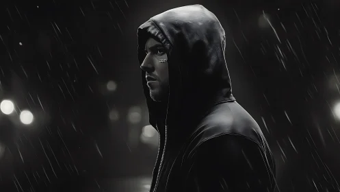 Hooded male profile in rainfall with blurred urban lights.
