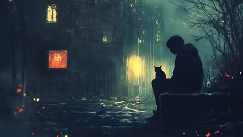 Silhouetted figure and cat sit beside wet alley at night