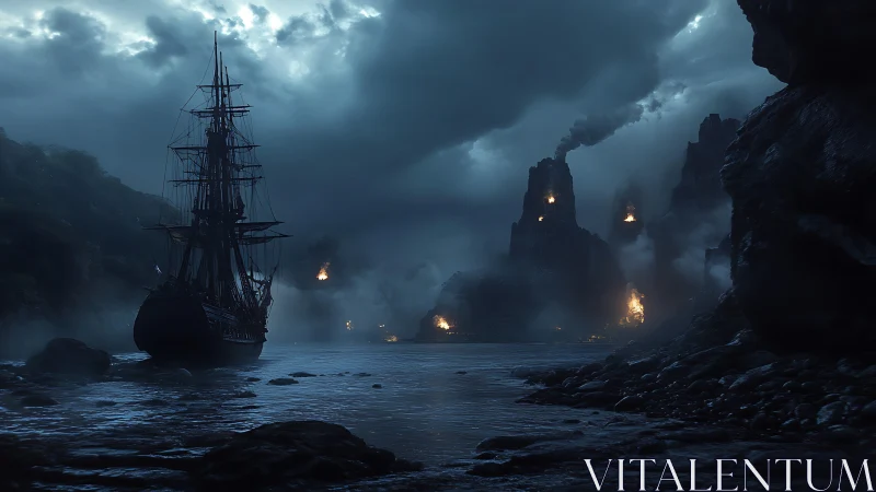 Storm-laden galleon approaching volcanic littoral firescape.