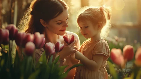 Backlit mother and child in tulip garden with golden bokeh glow