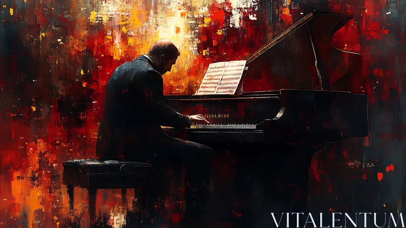 Pianist at a glowing grand piano wrapped in fiery color.