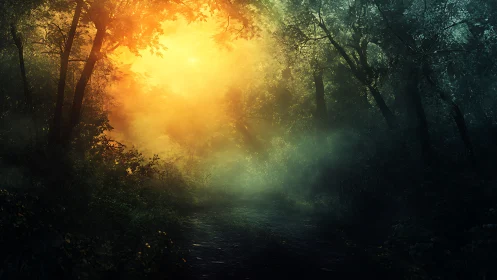 Backlit woodland path with volumetric fog and warm haze