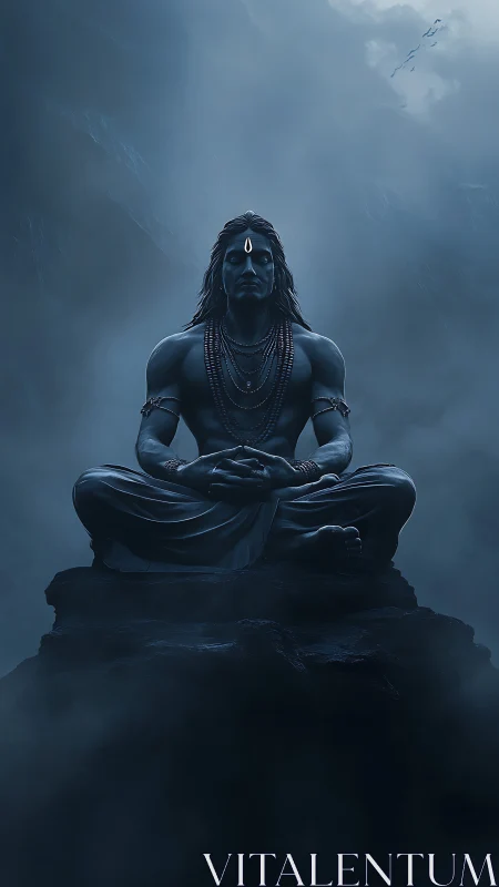 Meditating blue deity on misty mountain peak at twilight.
