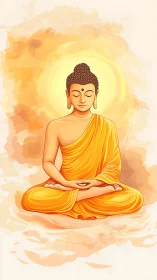 Peaceful Buddha in golden meditation, glowing with calm light.