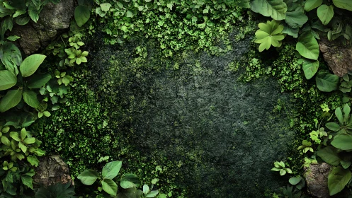 Moss-covered stone surface framed by green foliage.