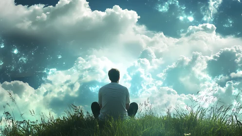 Quiet hilltop daydream under glowing celestial clouds.