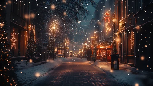 Snowy Christmas street glows with warm festive lights.