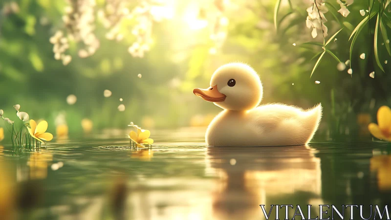 Sunlit duckling drifting through a dreamy blossom river.