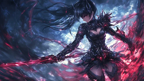 Dark arcane swordswoman in crystalline inferno armor design.