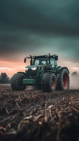 Heavy-duty green tractor crossing harvested field at dusk.