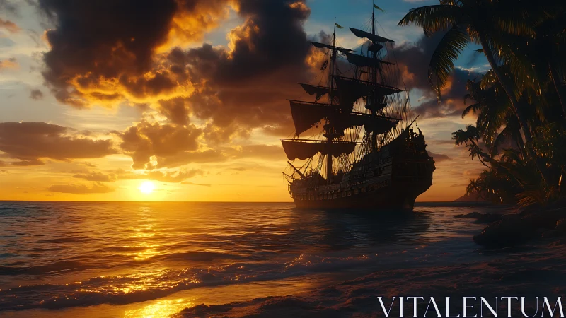 Sailing ship silhouette near tropical shoreline at sunset.