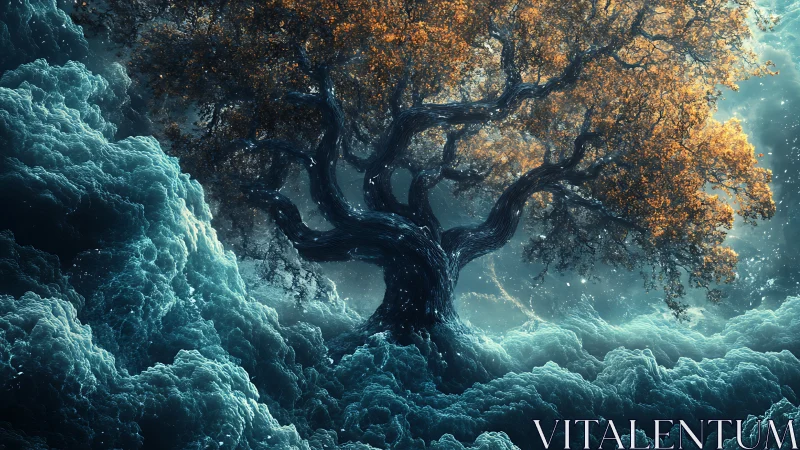 Stormborne aurora tree rising from frozen celestial waves.