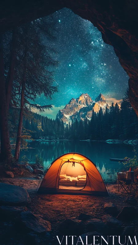 Starlit lakeside tent glows warmly beneath towering peaks