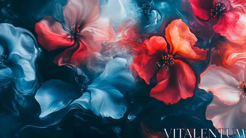 Digital rendering of stylized flowers with red and blue gradient color separation