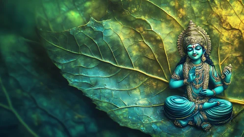 Blue meditative deity statue seated on textured leaf background.