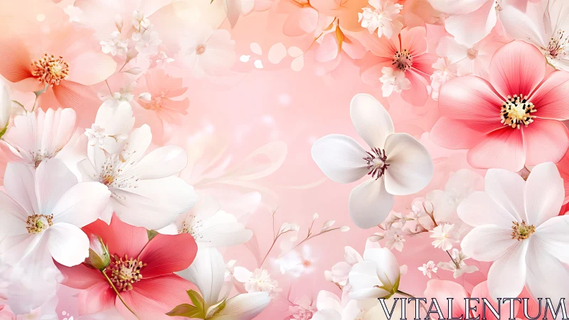 Soft pink floral background with white and coral blossoms.