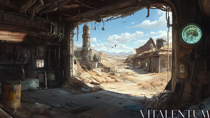 Desert scrapyard framed by dark industrial hangar interior