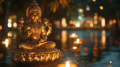 Golden multi-armed deity sculpture amid candlelit water bokeh.