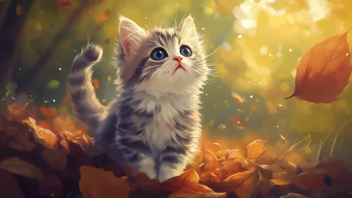 Enchanted Kitten Among Golden Autumn Petals.