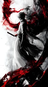 Samurai silhouette amid red ink storm, monochrome contrast.